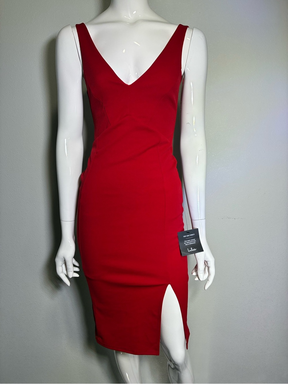 Lulu's Sleek Red V-Neck Midi Sheath Dress with Side Slit